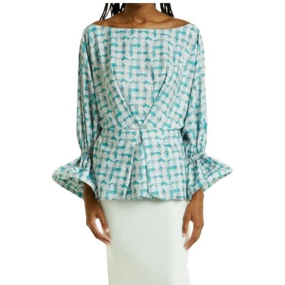 Kimberly Goldson Sola Plaid Bell Sleeve Blouse Blue Plaid Size Medium NWOT - Picture 1 of 5